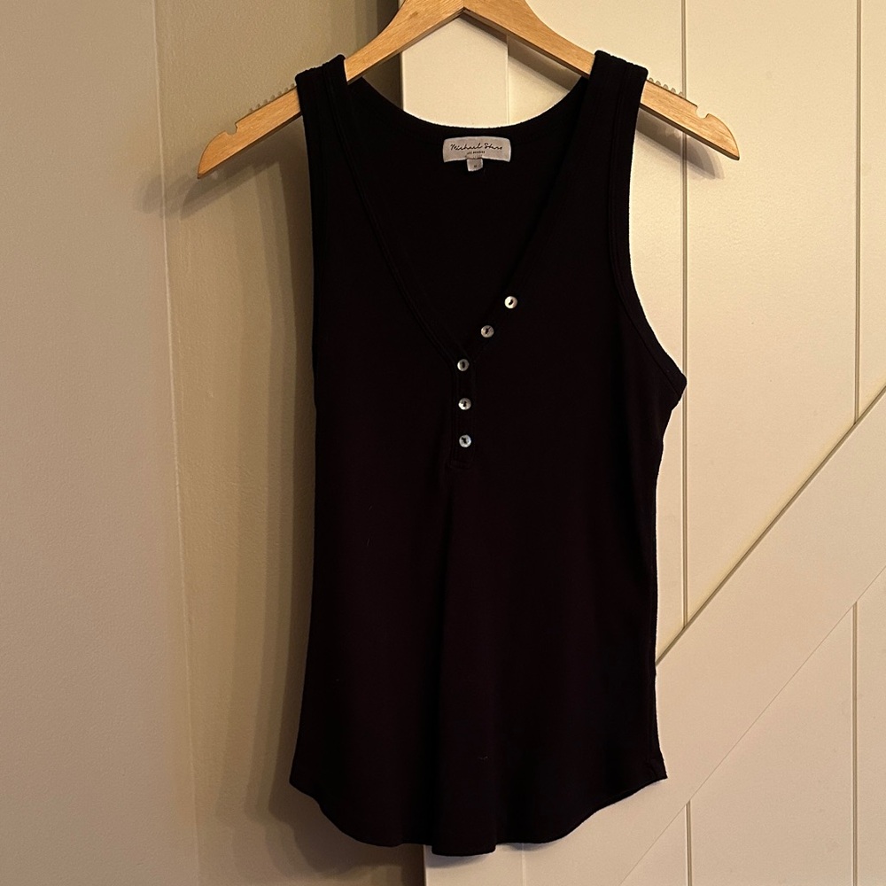 Michael Stars Black Ribbed Tank with Button Accents